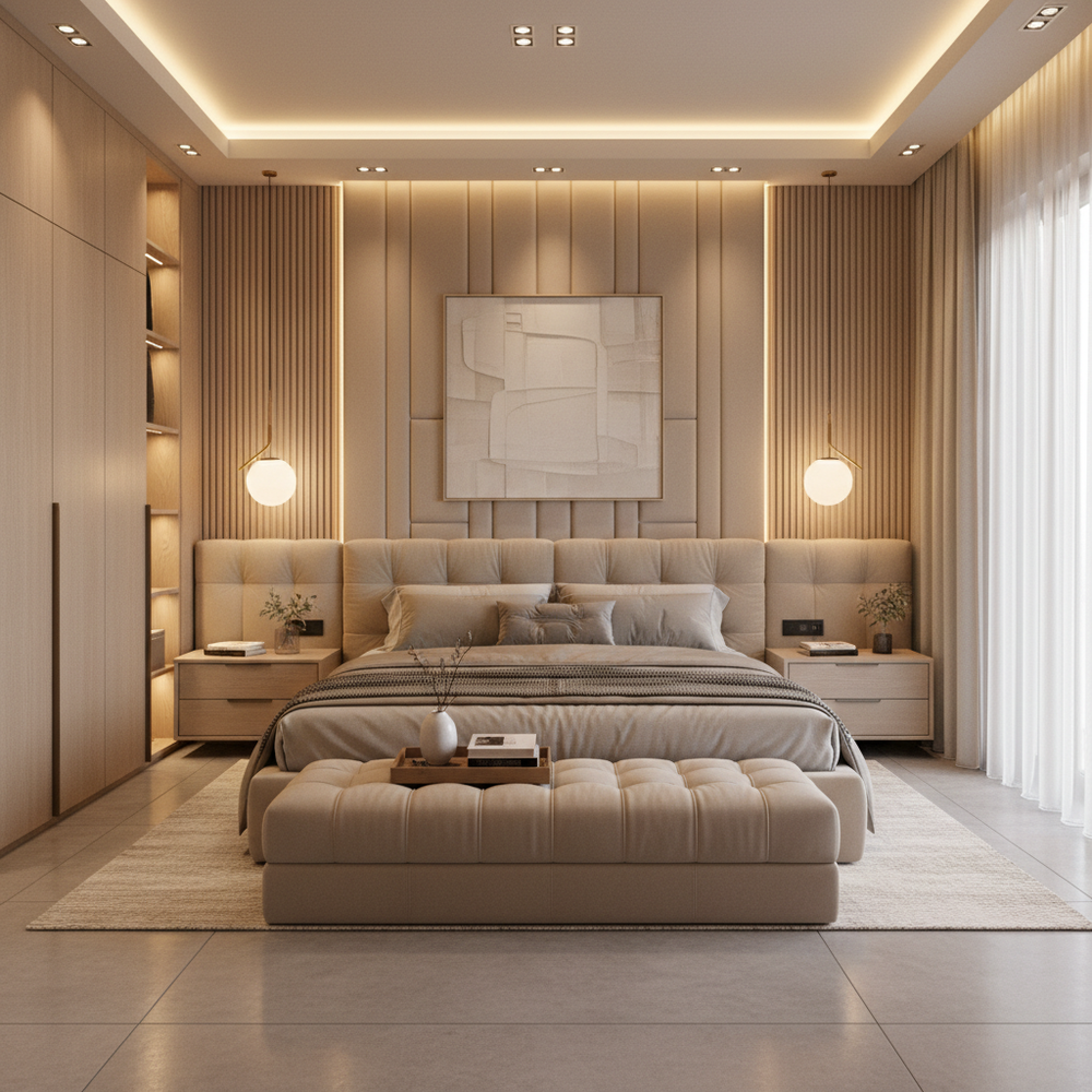 Modern Master Bedroom Design with Upholstered Accent Wall Panels and Ottoman