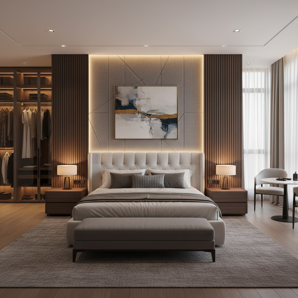 Modern Master Bedroom Design with Upholstered Bed and Wall Panels
