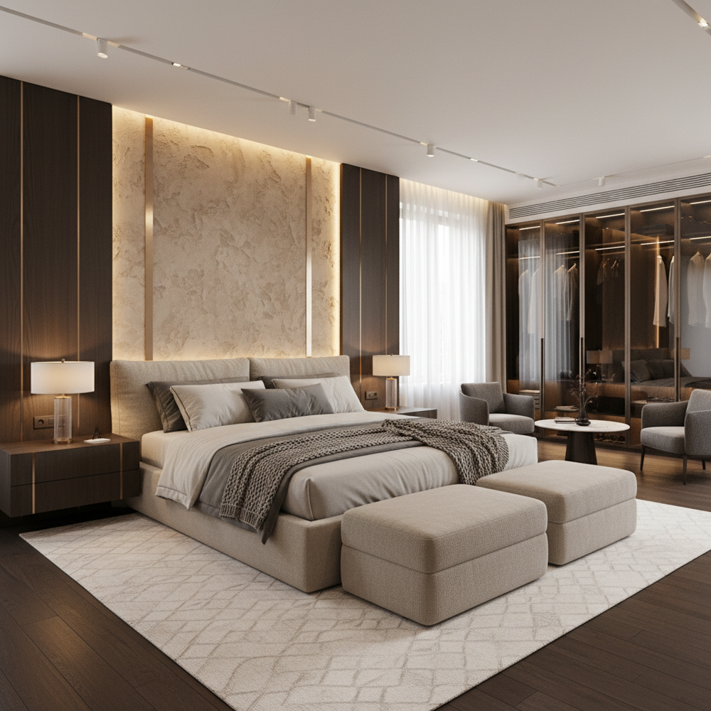 Modern Master Bedroom Design with Upholstered Bed, Upholstered Ottomans and Textured Walls