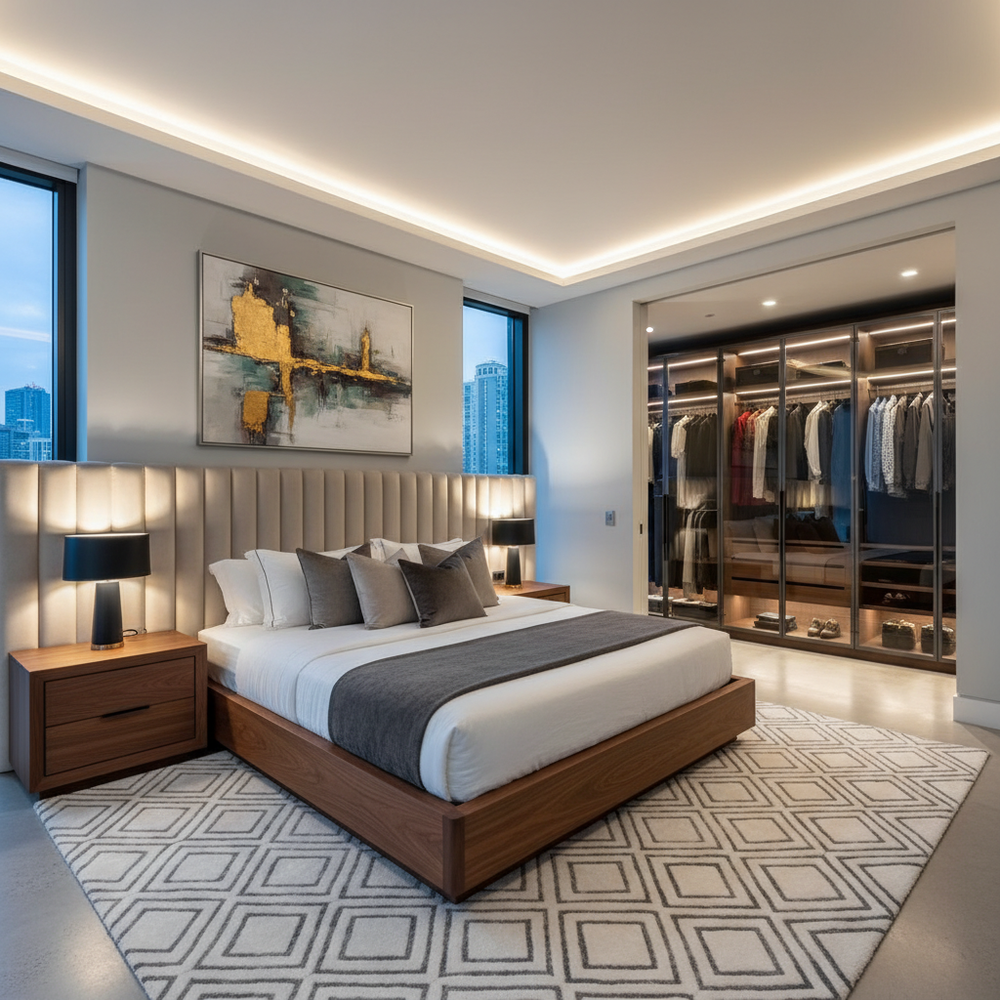Modern Master Bedroom Design With Upholstered Headboard