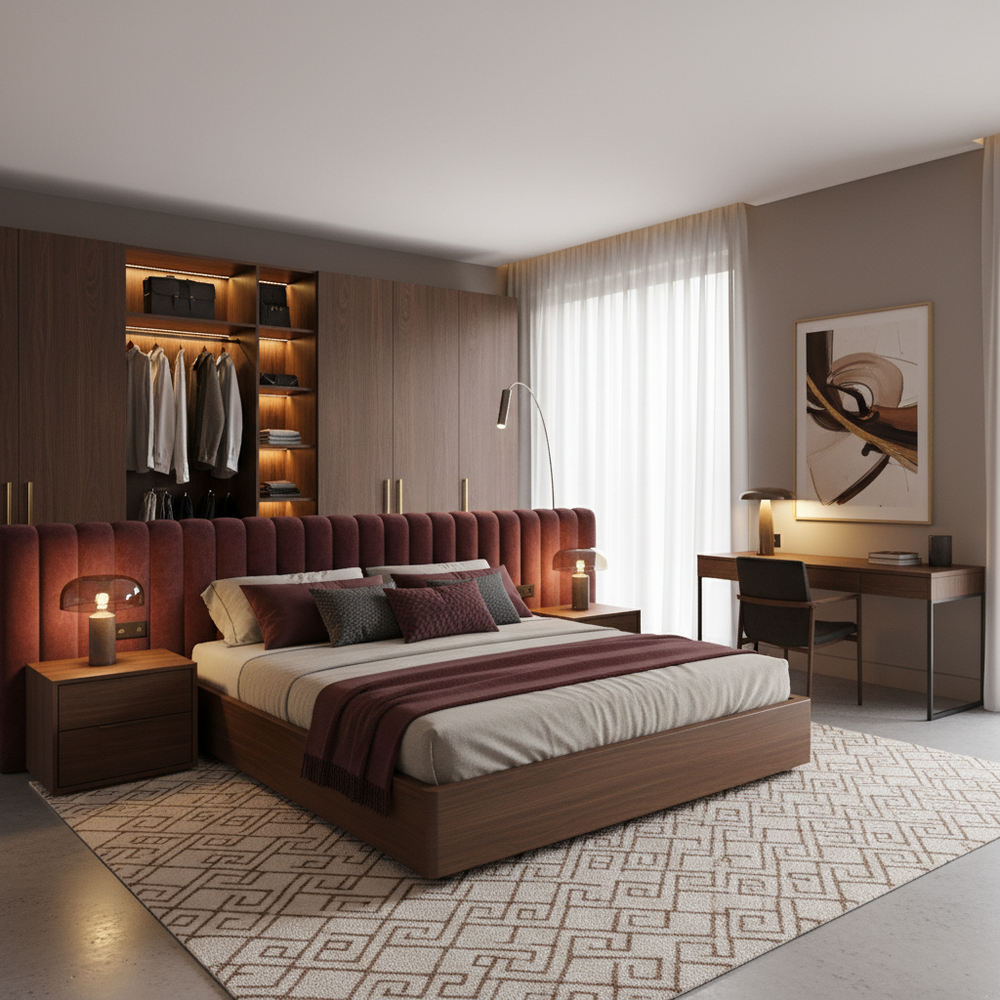 Modern Master Bedroom Design With Upholstered Headboard