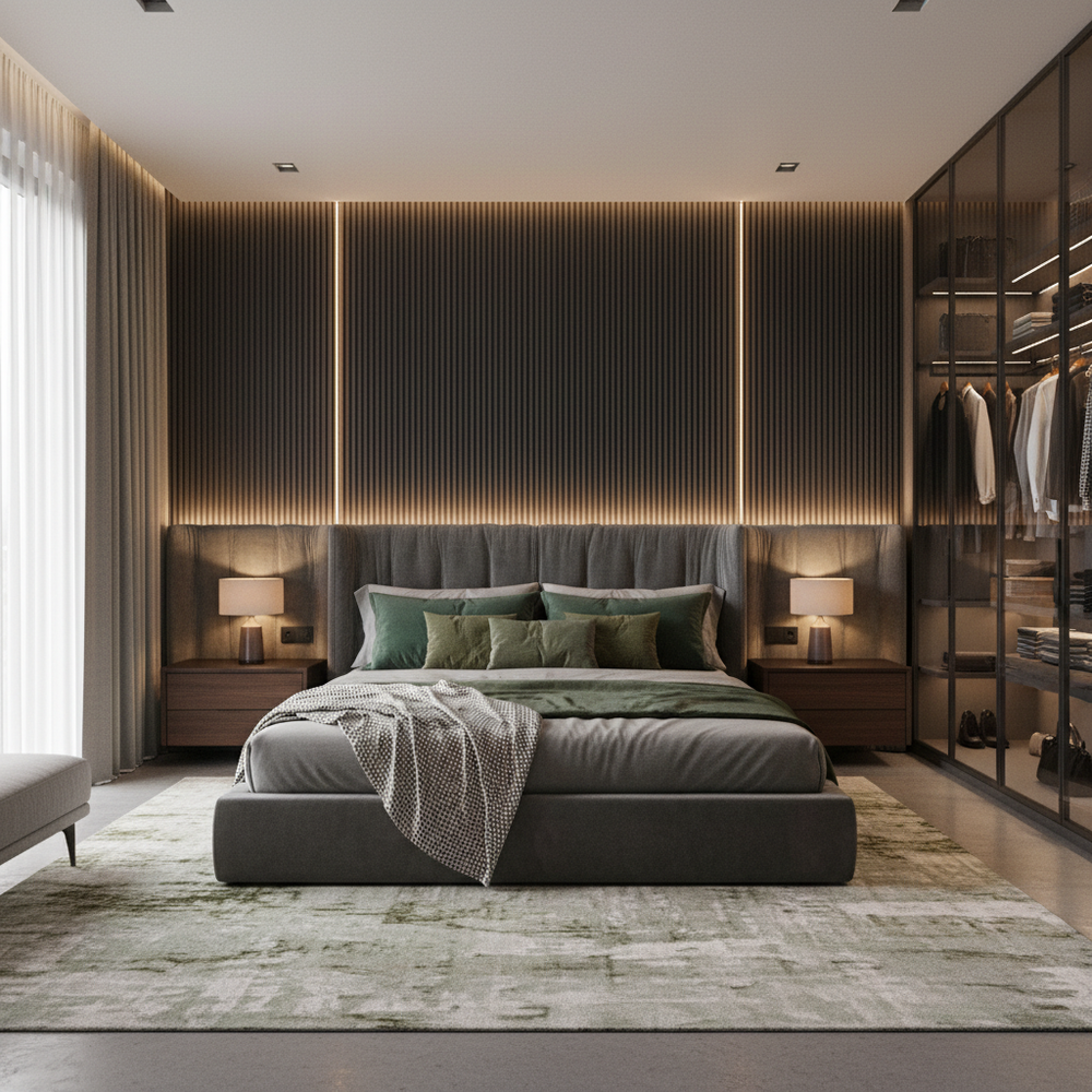 Modern Master Bedroom Design with Upholstered King Bed with Green Cushions