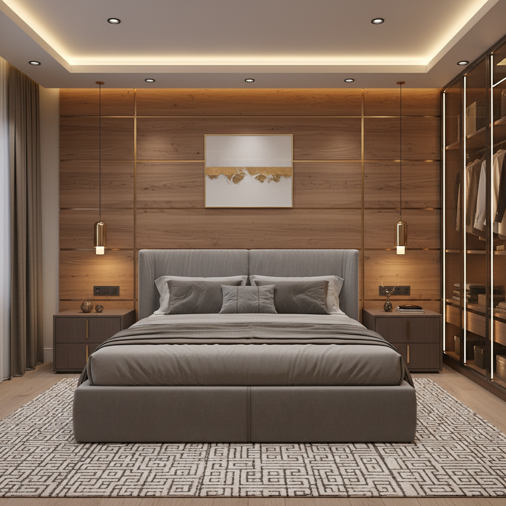 Modern Master Bedroom Design with Upholstered Wooden Wall Panel