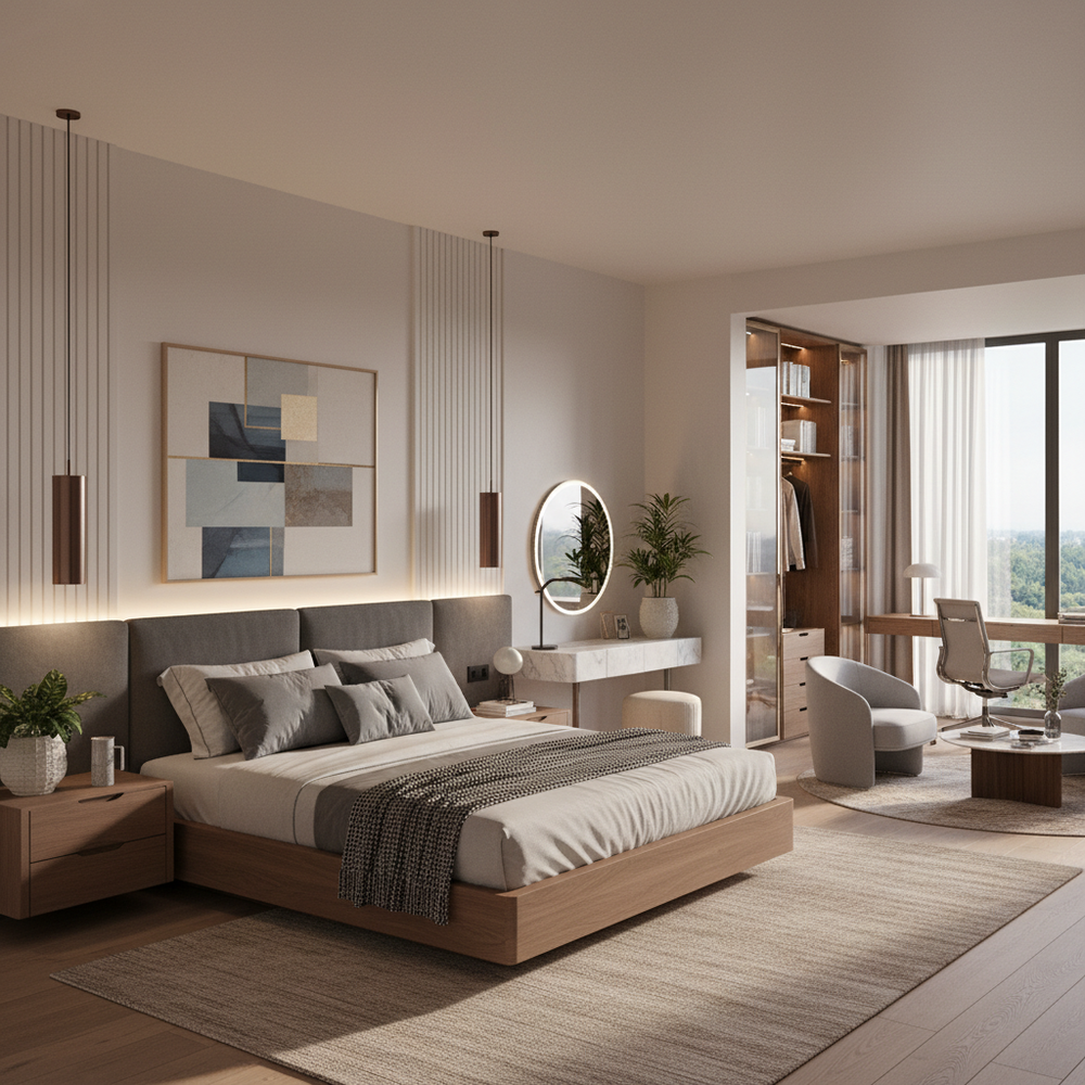 Modern Master Bedroom Design with Vanity Desk, and Plants