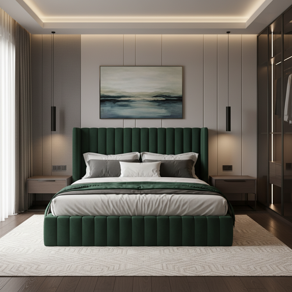 Modern Master Bedroom Design With Velvet Bed and Grey Wall Panels