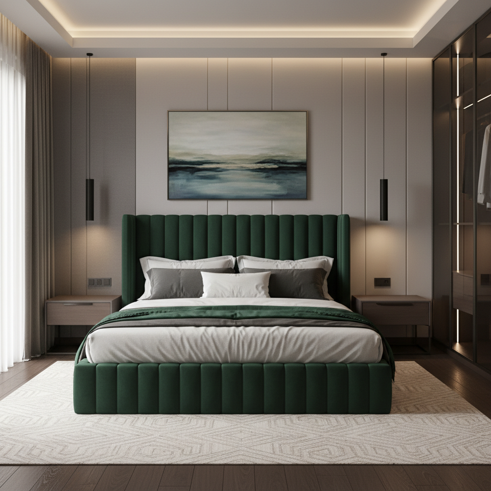 Modern Master Bedroom Design With Velvet Bed and Grey Wall Panels