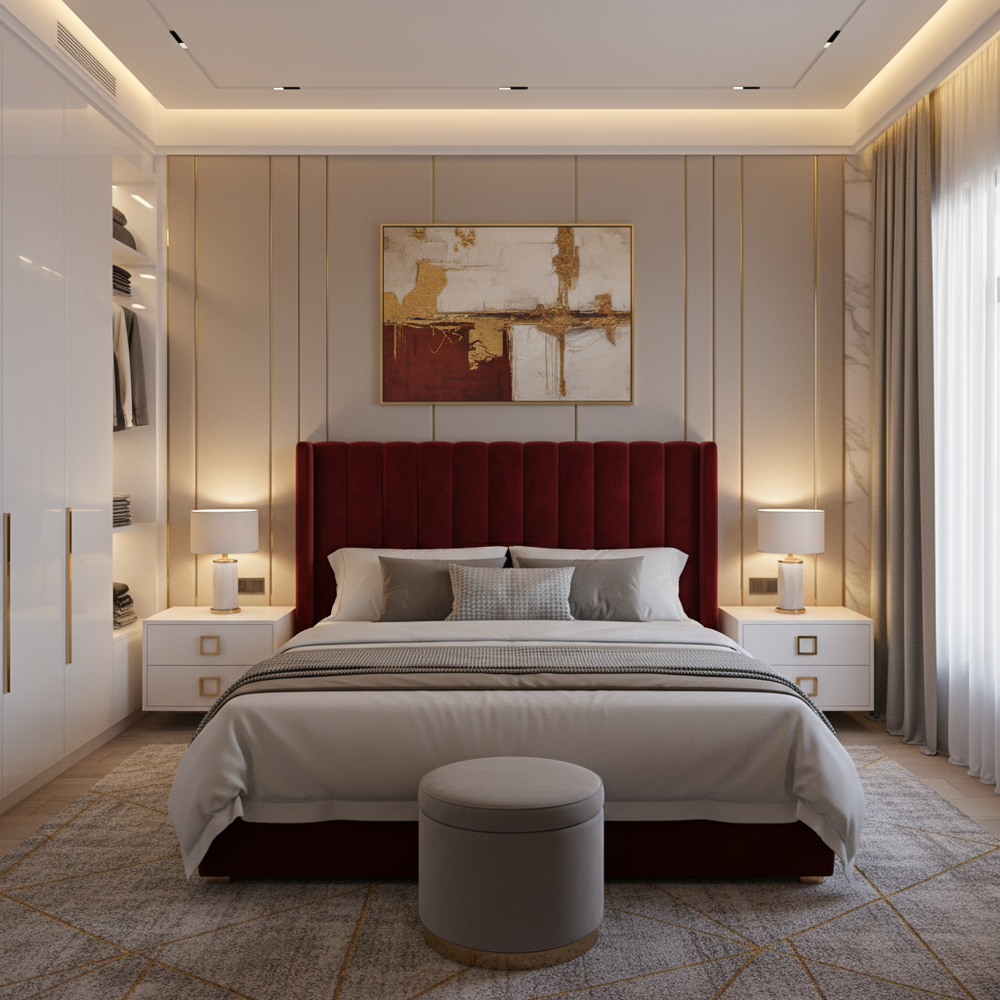 Modern Master Bedroom Design with Velvet Headboard Bed, Floating White Consoles and Wardrobe