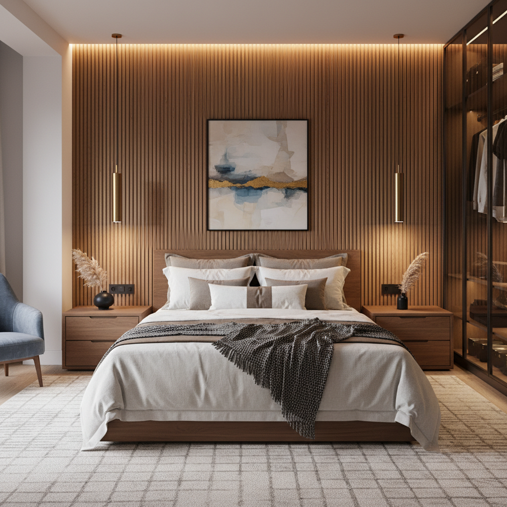 Modern Master Bedroom Design with Vertical Wall Louvers