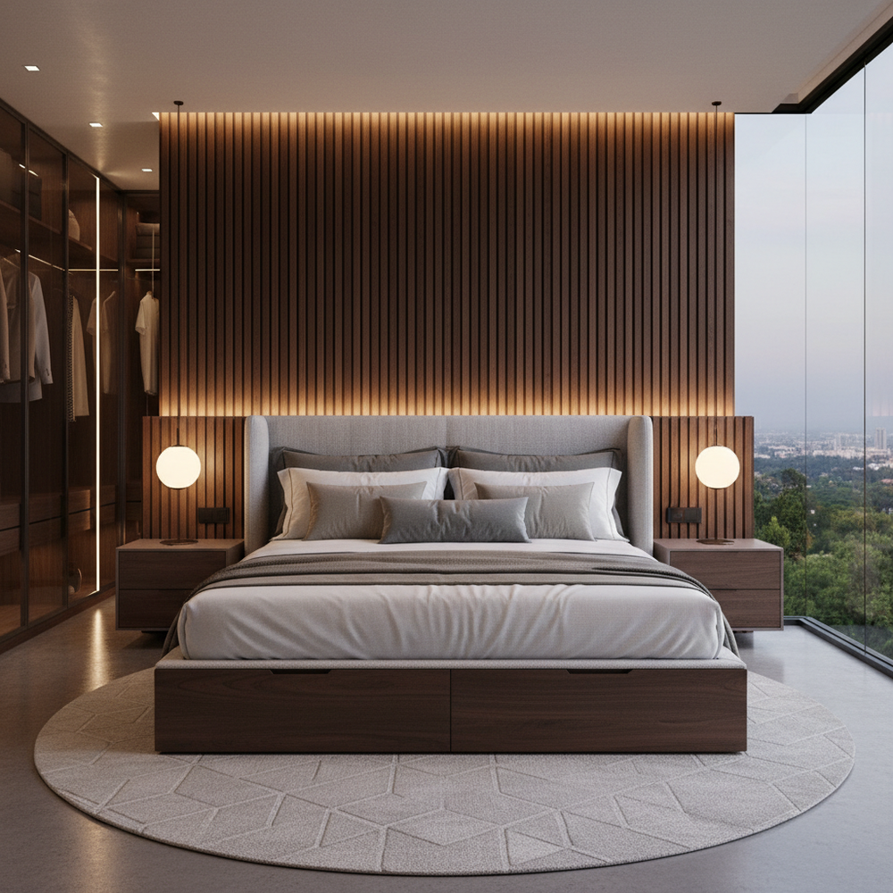 Modern Master Bedroom Design with Vertical Wood Slats and Storage Queen Bed