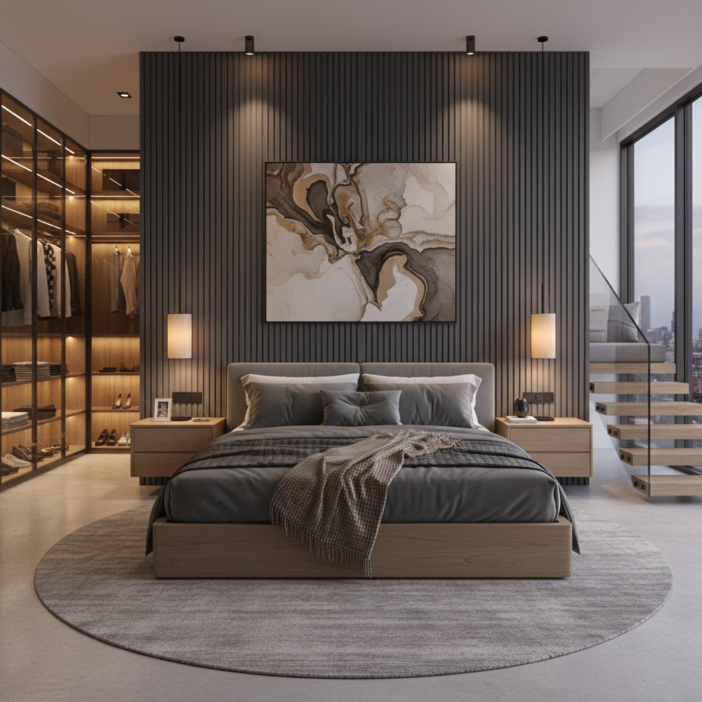 Modern Master Bedroom Design With Wardrobe and Loft