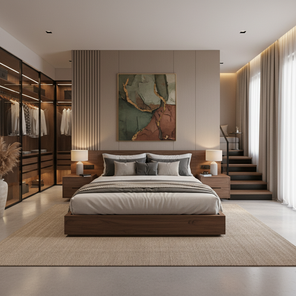 Modern Master Bedroom Design With Wardrobe And Loft