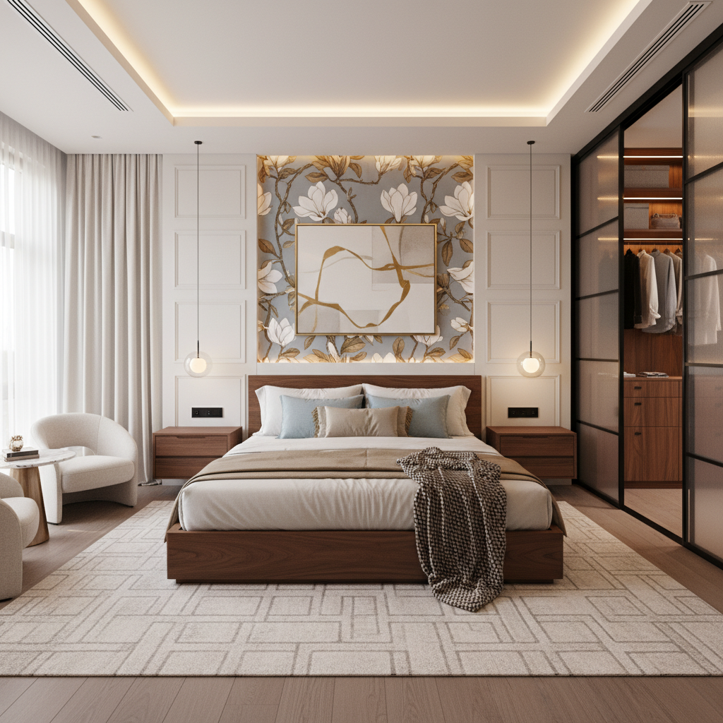 Modern Master Bedroom Design With White Panels And Floral Wallpaper
