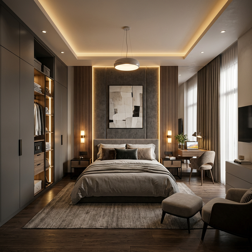 Grey Headboard Master Bedroom with Wooden Wall Panels & Study Corner