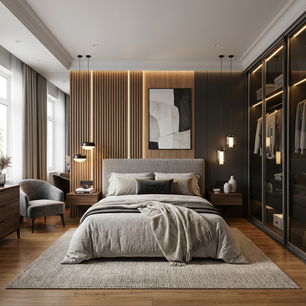 Master Bedroom with Cream Queen Bed Upholstery & Golden Accents