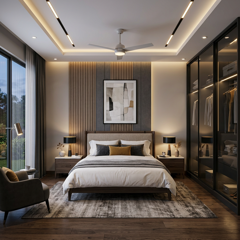 Queen Master Bedroom with Grey Upholstered Bed & Chandelier