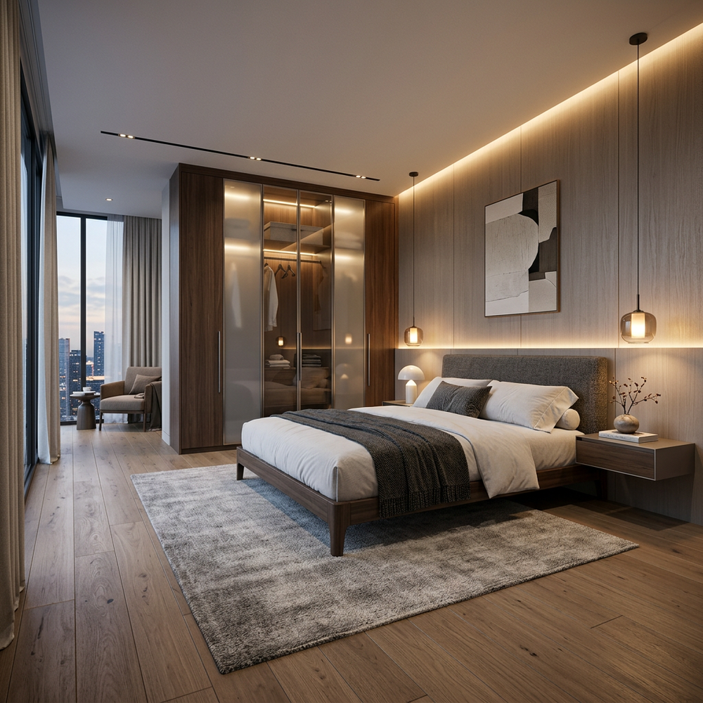 Grey Textured Wall Master Bedroom with Golden Mirror Accent