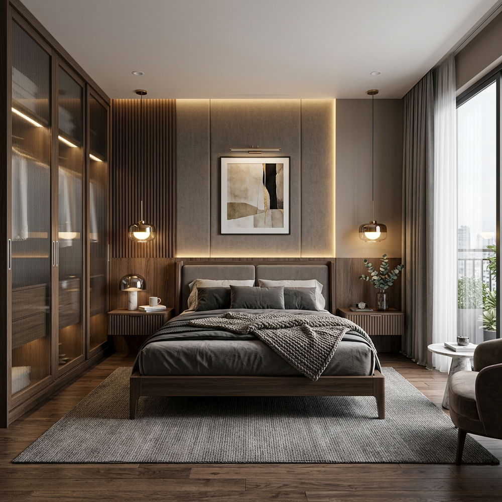 Grey Panelled Wall Master Bedroom with Queen Bed & Black Accents