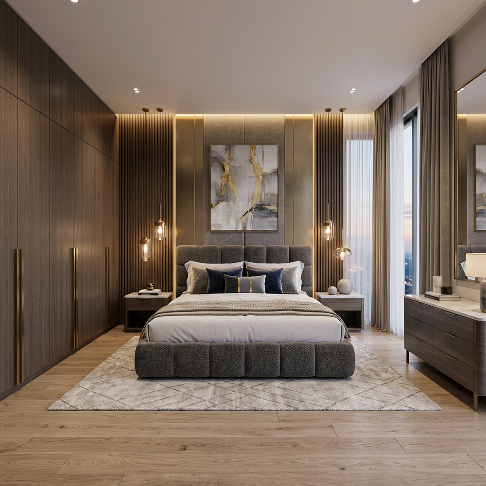 Modern Upholstered Bed Master Bedroom with Hinged Full Wall Wardrobe