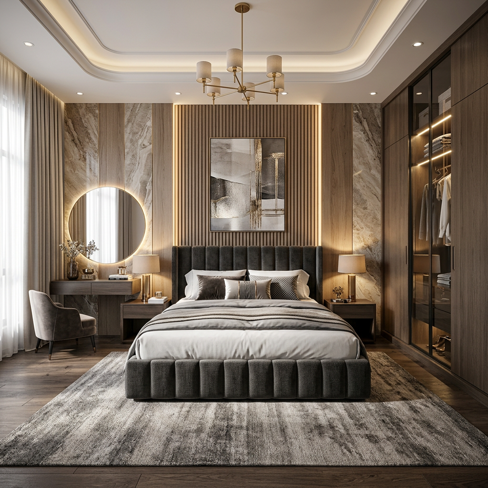 Luxury Master Bedroom with Grey Upholstered Headboard