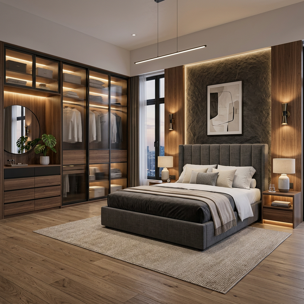 Master Bedroom with Brown Upholstered Headboard & Vanity Dresser