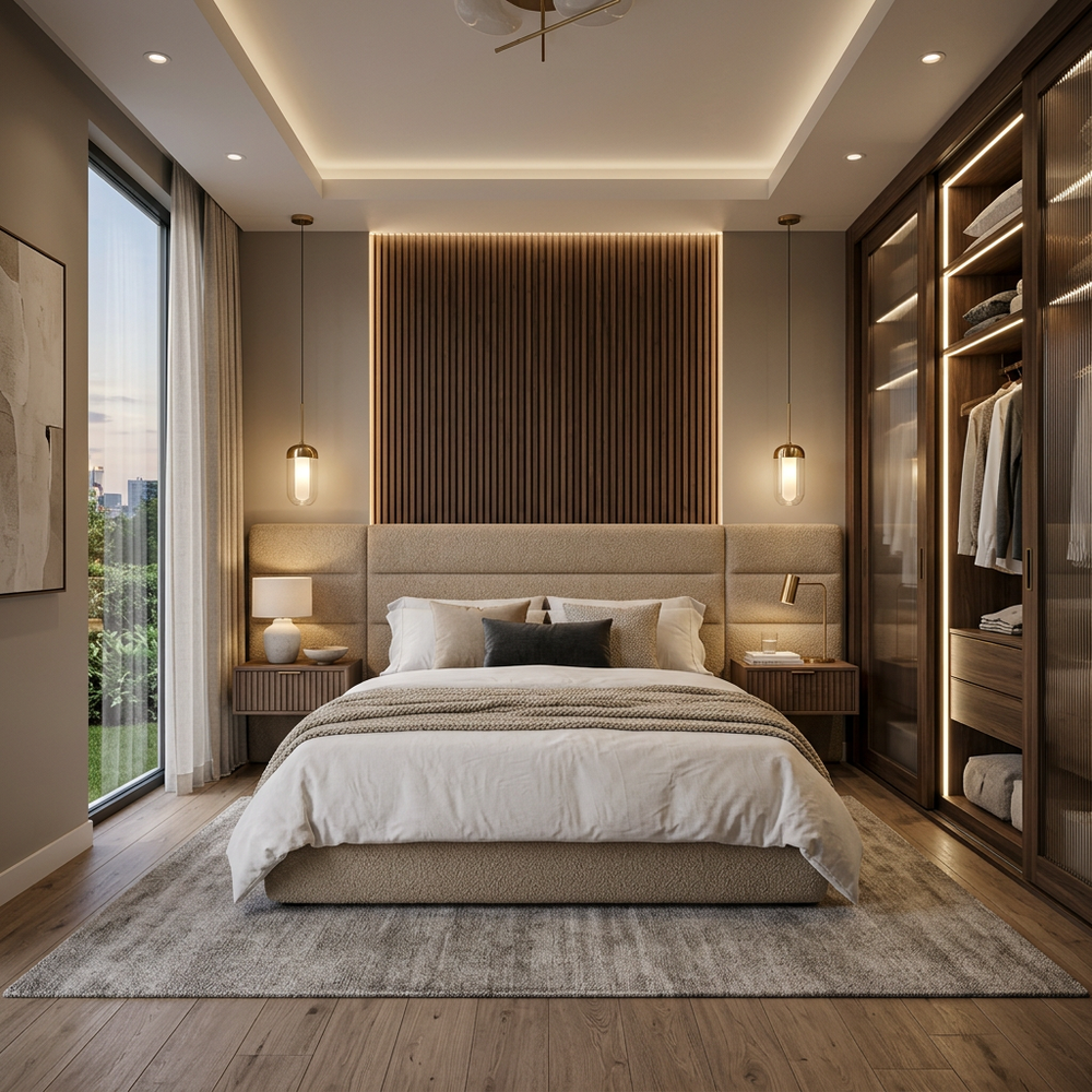 Modern Upholstered Bed Master Bedroom with Sliding Wardrobe