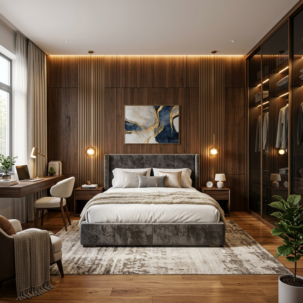 Modern Upholstered Bed Master Bedroom with Sliding Wardrobe