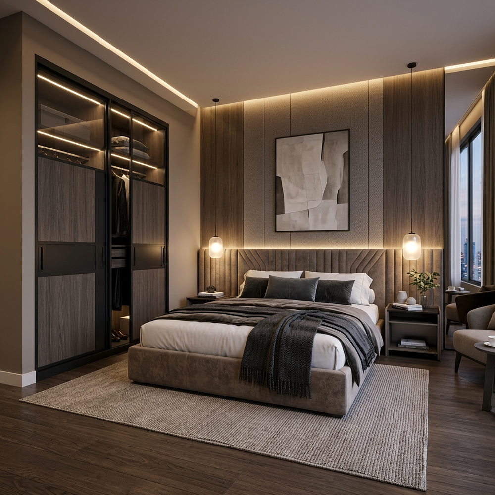 Master Bedroom with Forest Green Accent Wall & Tufted Headboard