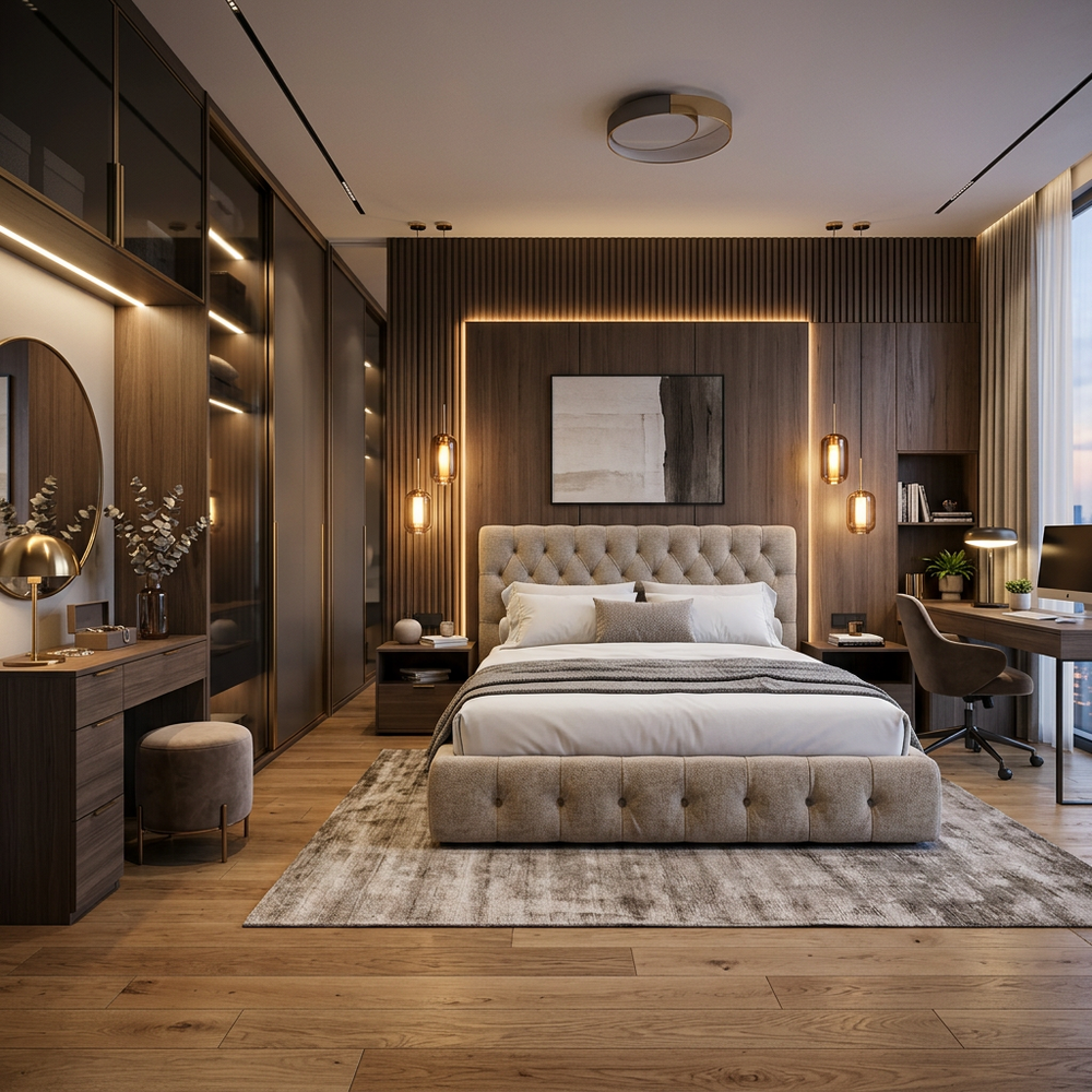 Master Bedroom with Diamond-Pattern Headboard