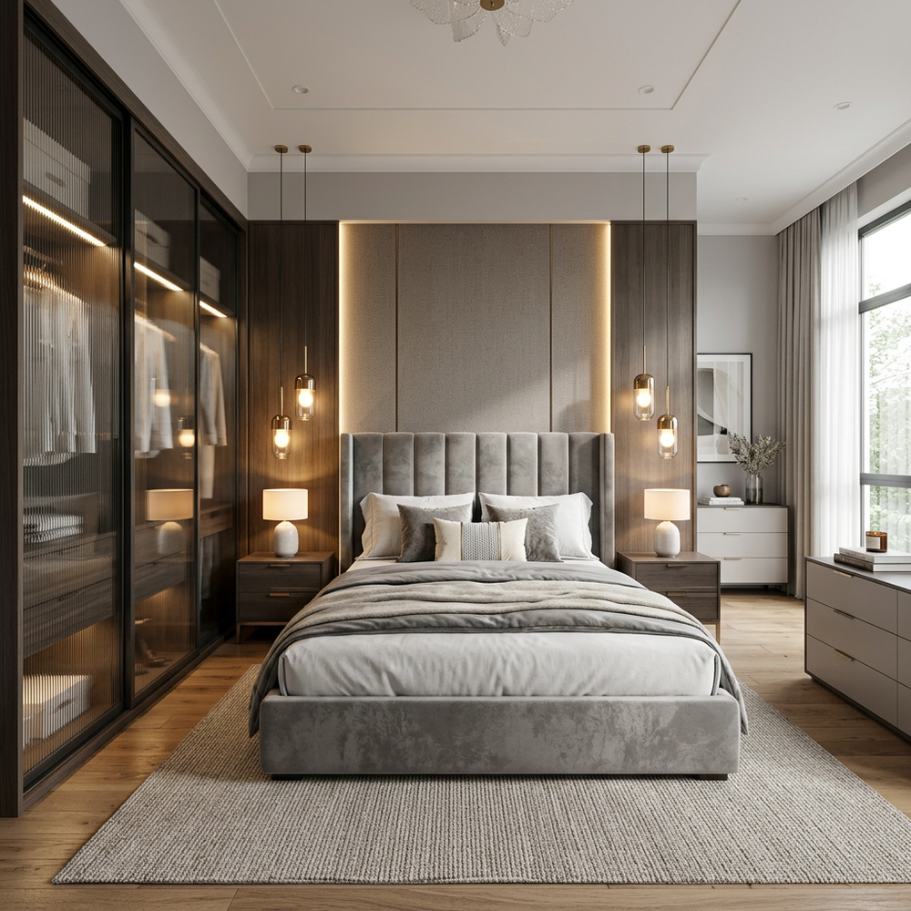Modern Upholstered Bed Master Bedroom with Sliding Wardrobe