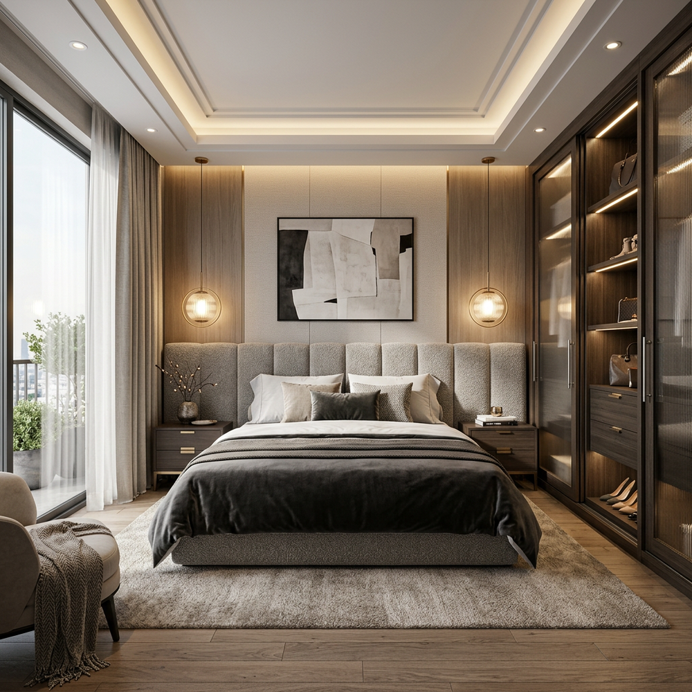 Modern Master Bedroom with Grey Upholstered Bed & Wooden Wardrobe