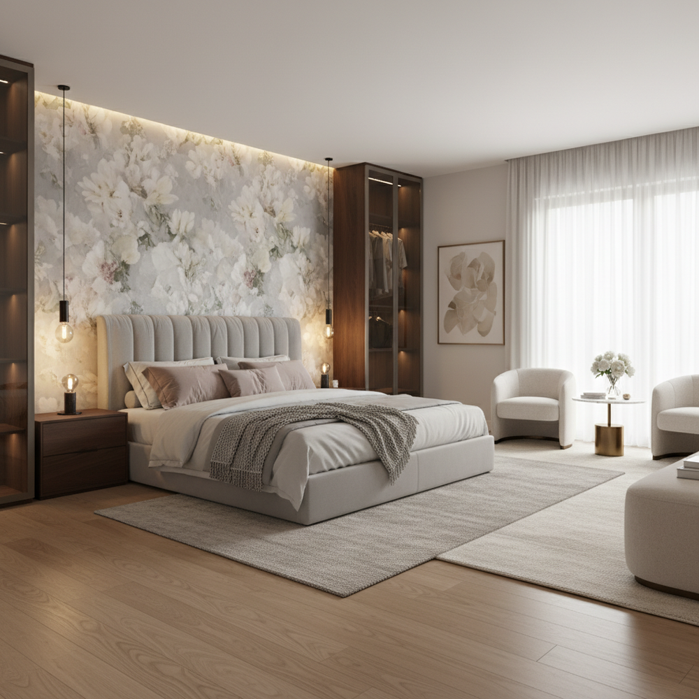 Modern Upholstered King Size Master Bedroom with Floral Accent