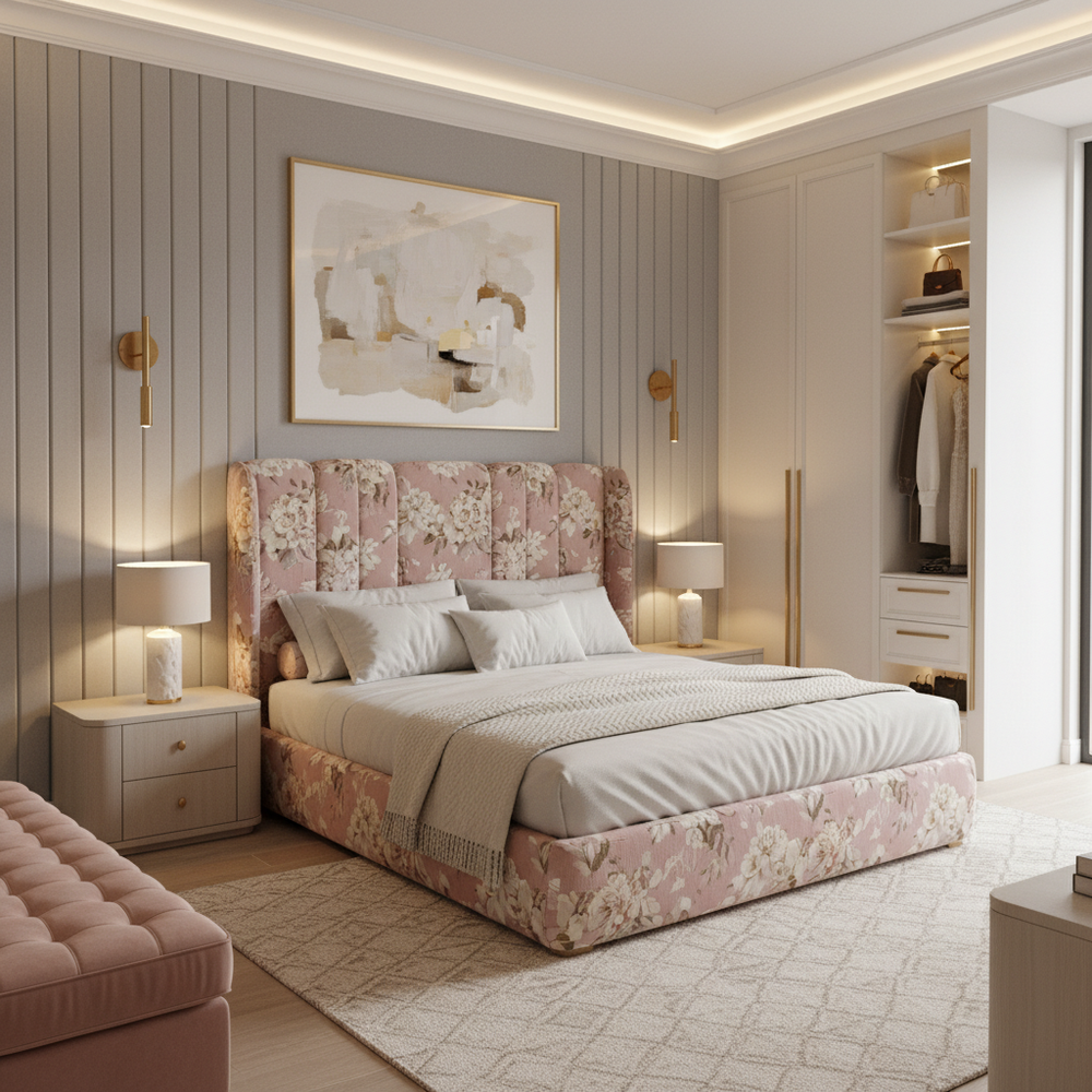 Modern Upholstered King Size Master Bedroom with Walk-in Wardrobe