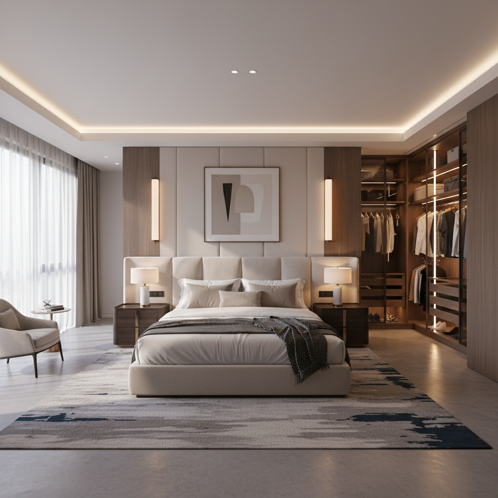 Modern Upholstered King Size Master Bedroom with Walk-in Wardrobe