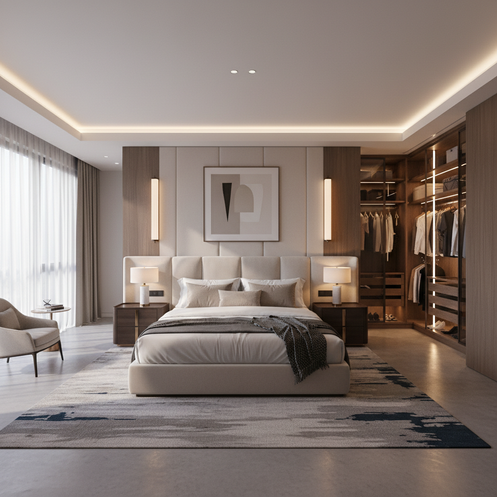 Modern Upholstered King Size Master Bedroom with Walk-in Wardrobe