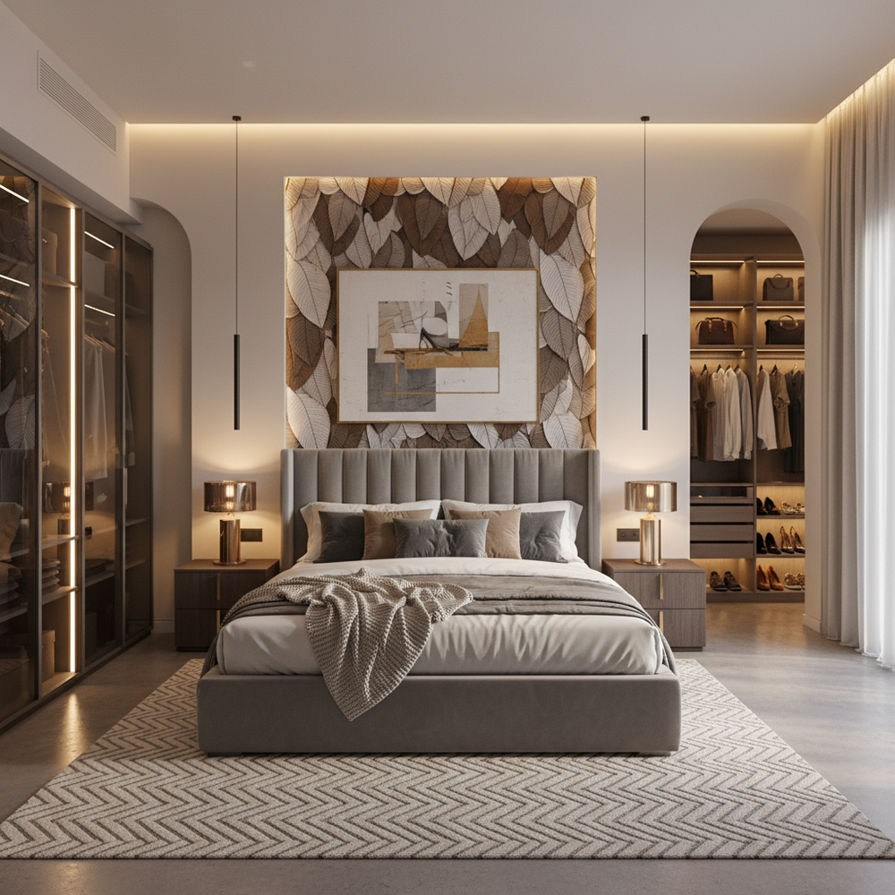 Modern Upholstered King Size Master Bedroom with Walk-in Wardrobe