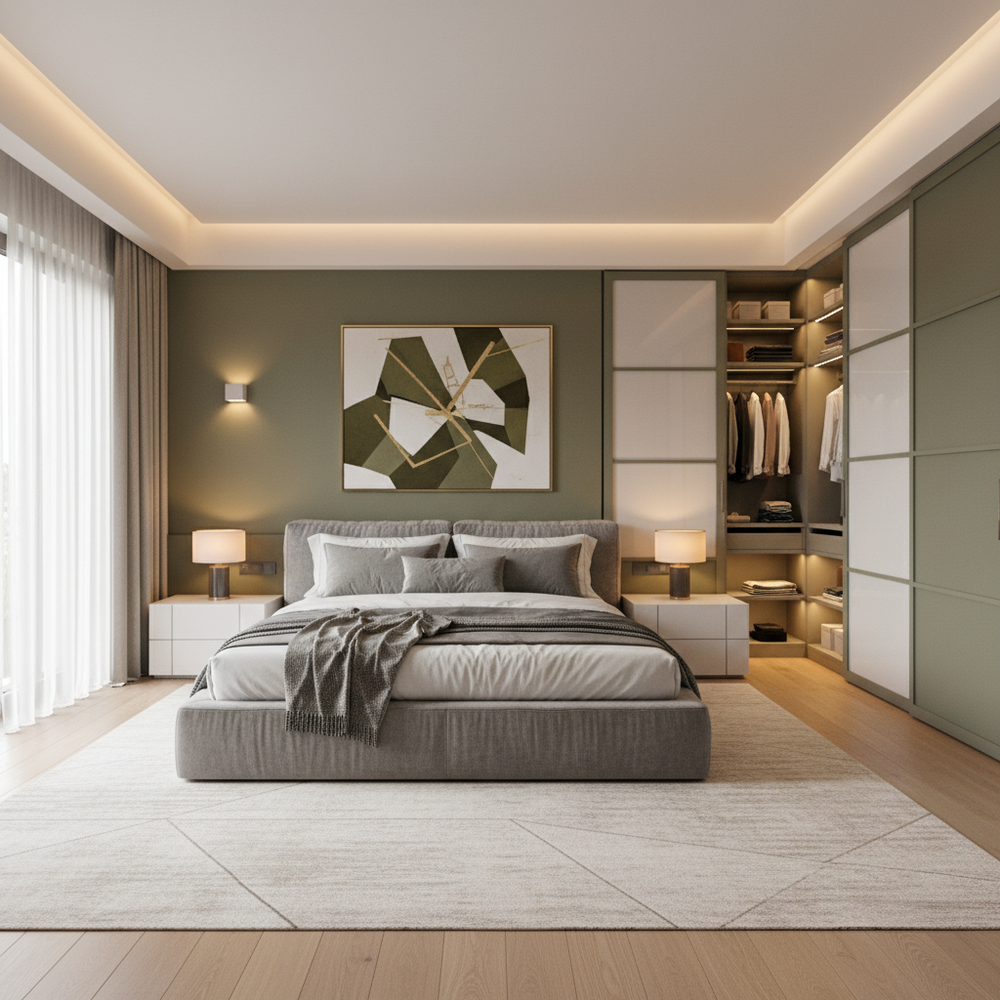 Modern Upholstered King Size Master Bedroom with Walk-in Wardrobe