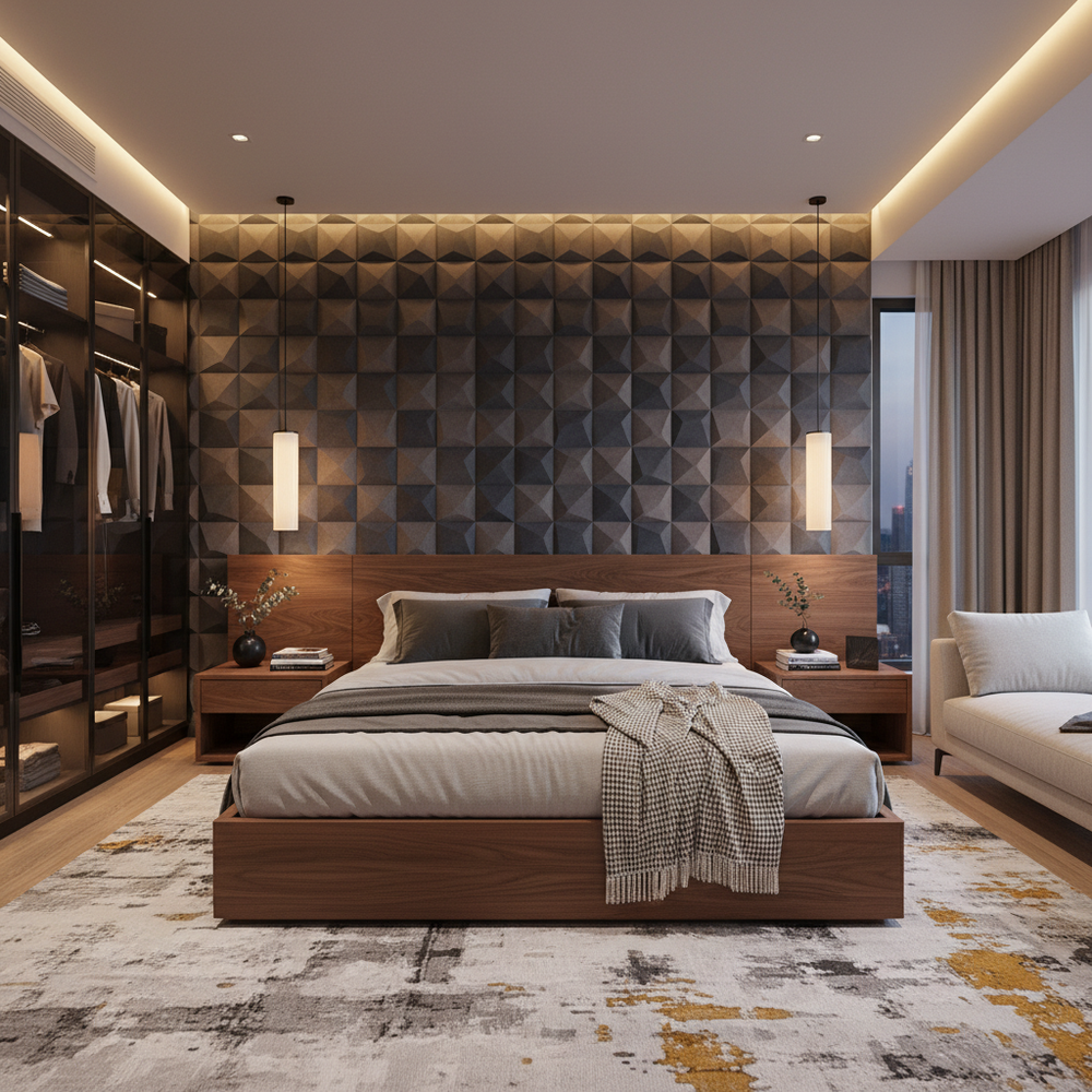 Modern Wooden King Size Master Bedroom with Patterned Wall