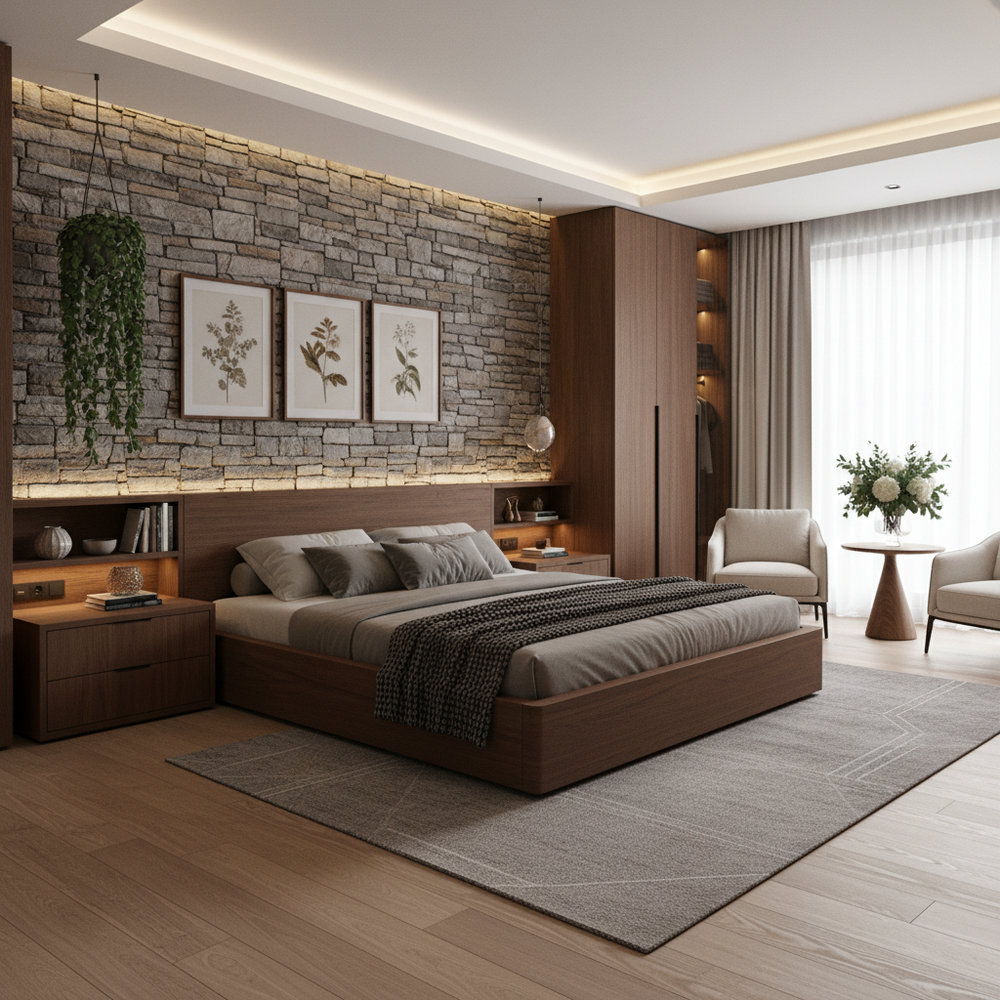 Modern Wooden King Size Master Bedroom with Stone Accent Wall