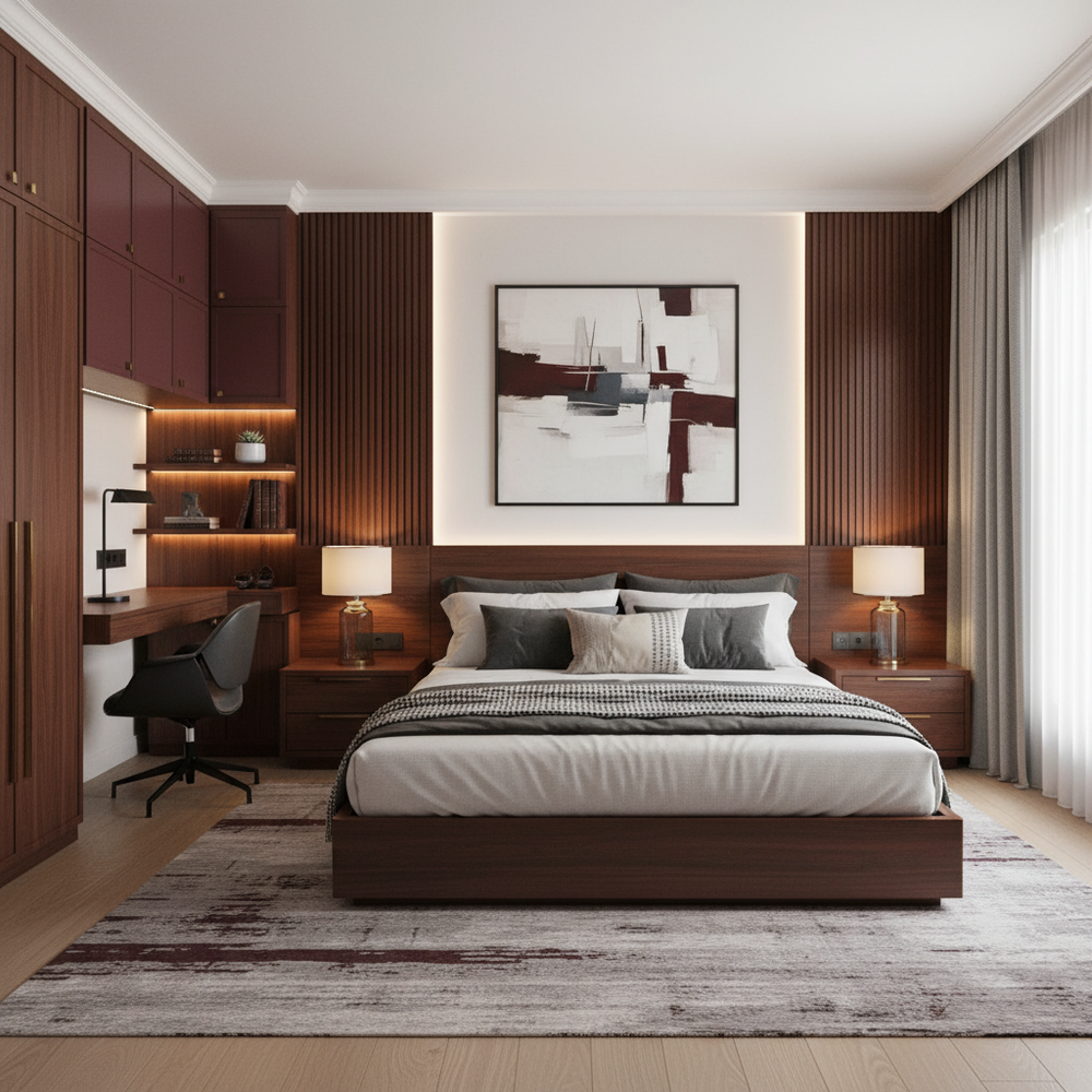 Modern Wooden King Size Master Bedroom with Study