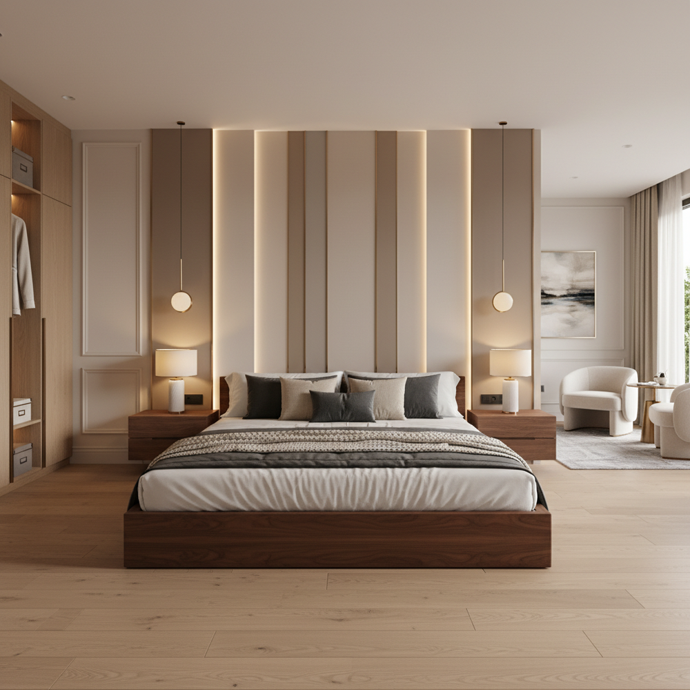 Modern Wooden King Size Master Bedroom with Unique Accent Wall