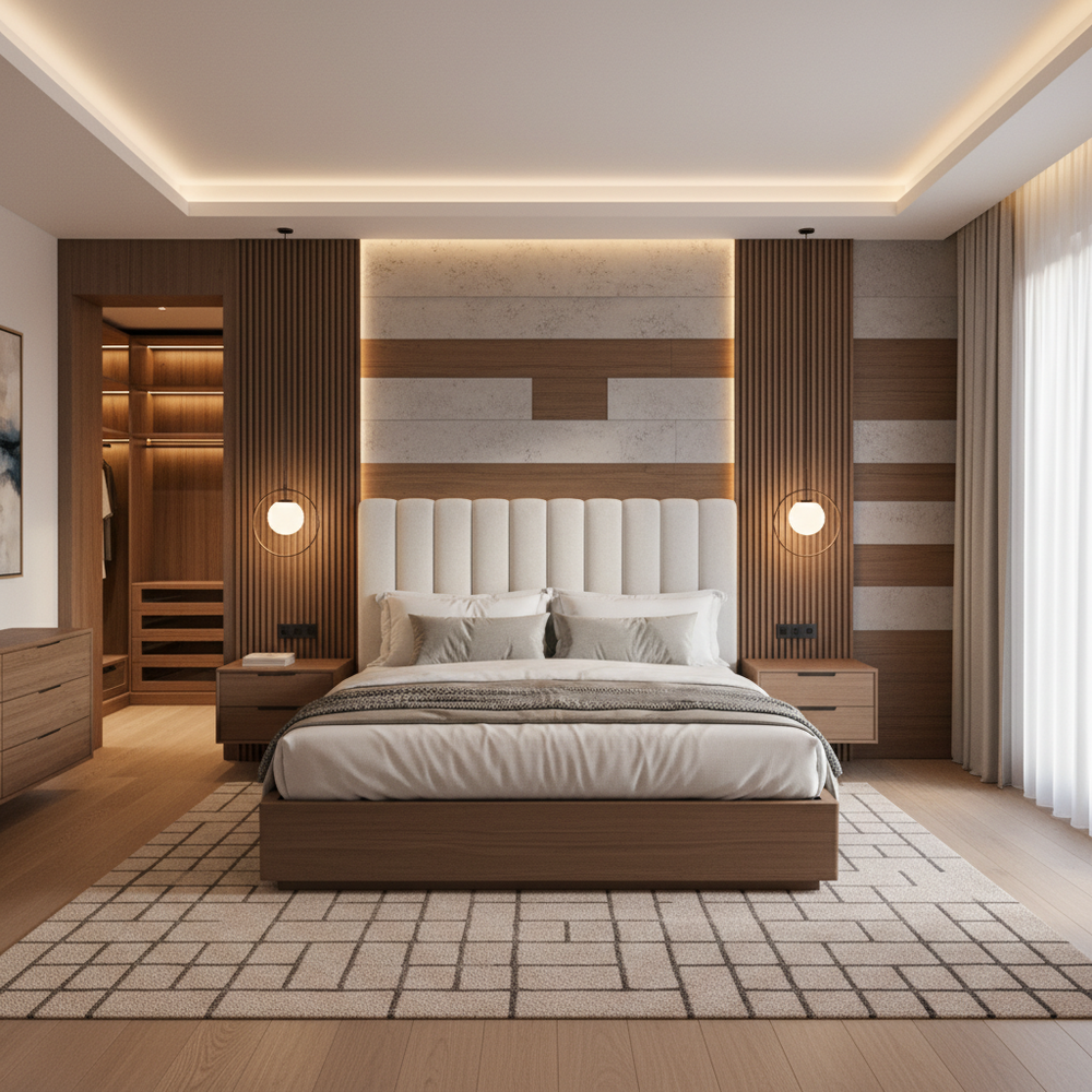 Modern Wooden King Size Master Bedroom with Walk-in Wardrobe and Accent Wall