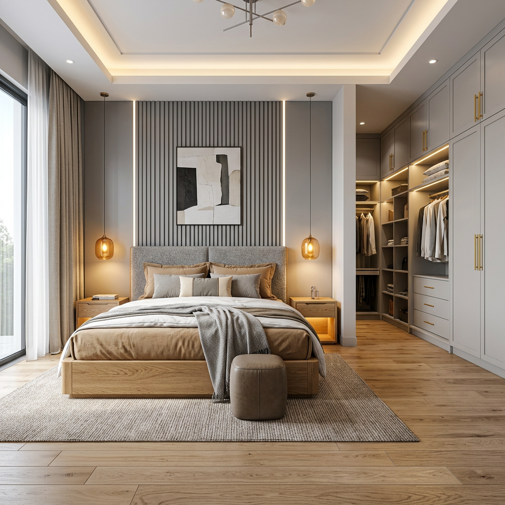 Modern Wooden King Size Master Bedroom with Walk-in Wardrobe