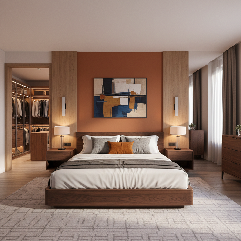 Modern Wooden King Size Master Bedroom with Walk-in Wardrobe