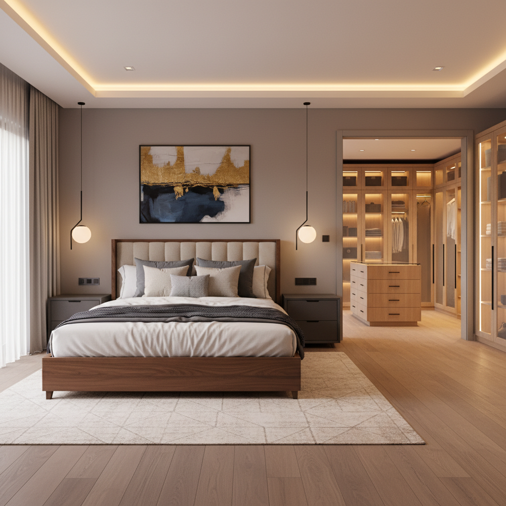 Modern Wooden King Size Master Bedroom with Walk-in Wardrobe