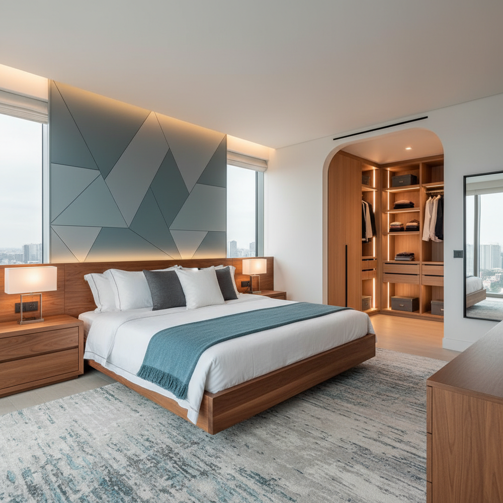 Modern Wooden King Size Master Bedroom with Walk-in Wardrobe