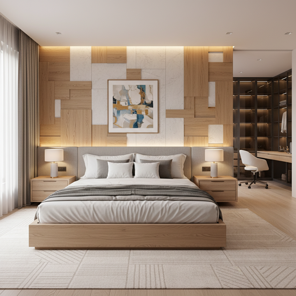 Modern Wooden King Size Master Bedroom with Walk-in Wardrobe