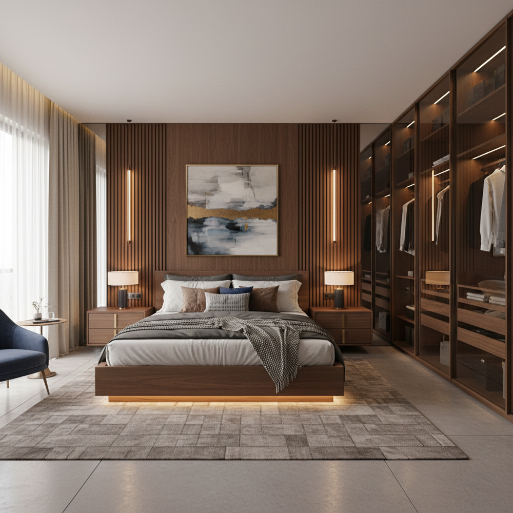 Modern Wooden King Size Master Bedroom with Walk-in Wardrobe