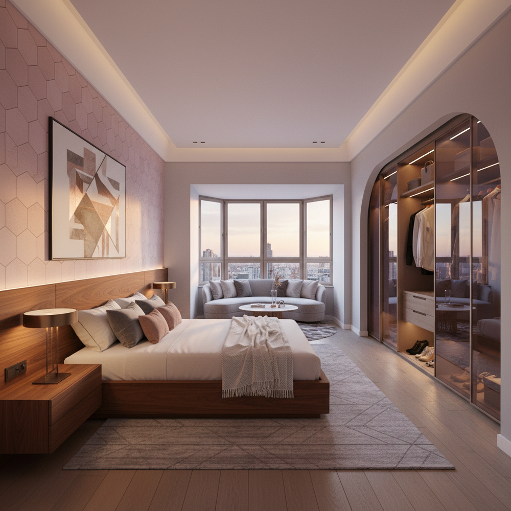 Modern Wooden King Size Master Bedroom with Walk-in Wardrobe