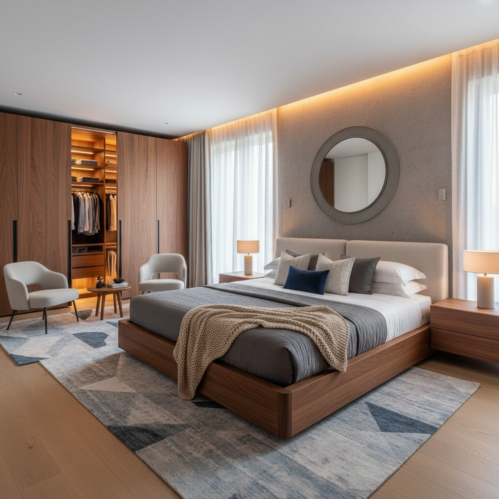 Modern Wooden King Size Master Bedroom with Walk-in Wardrobe