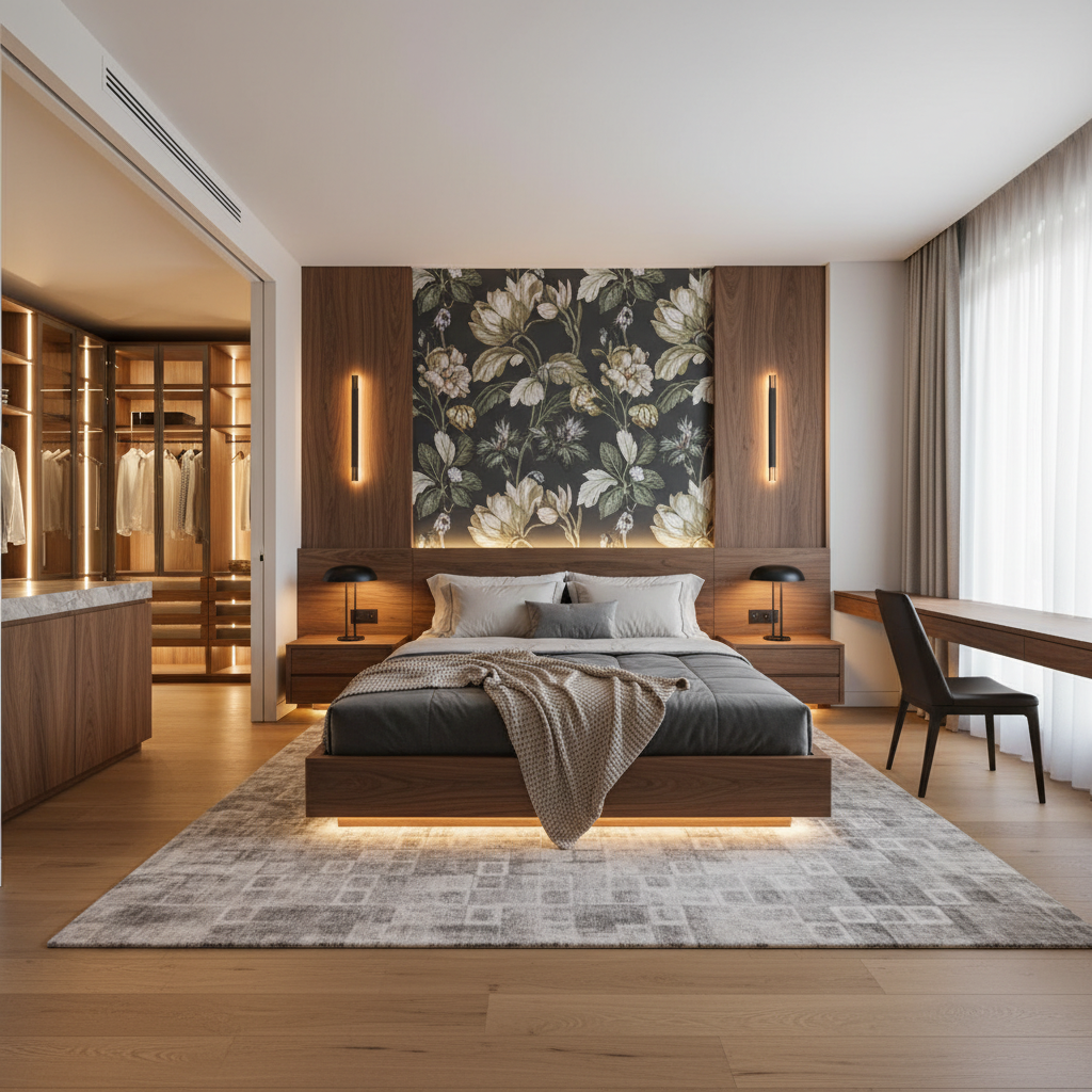 Modern Wooden King Size Master Bedroom with Walk-in Wardrobe
